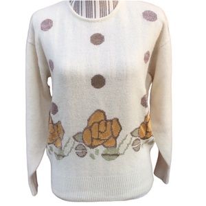 Vintage Womens medium off white polka dot floral pullover cream retro sweater